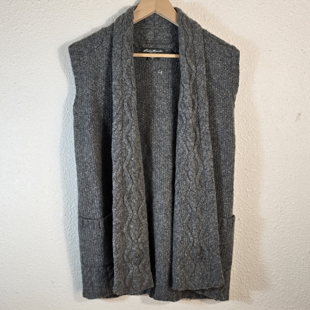Eddie Bauer Wool Blend Chunky Cable Knit Vest Sz.M Shawl Collar Sweater Cardigan